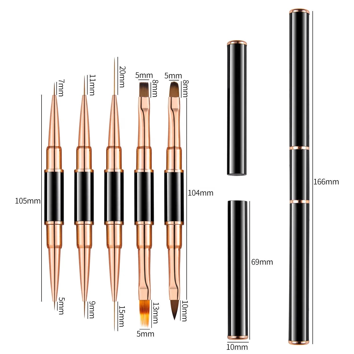 Custom Logo Double-Ended Nylon Nail Art Liner Flat Brush with Metal Handle Multi-Functionality for Manicure Salon Black KEMEISI