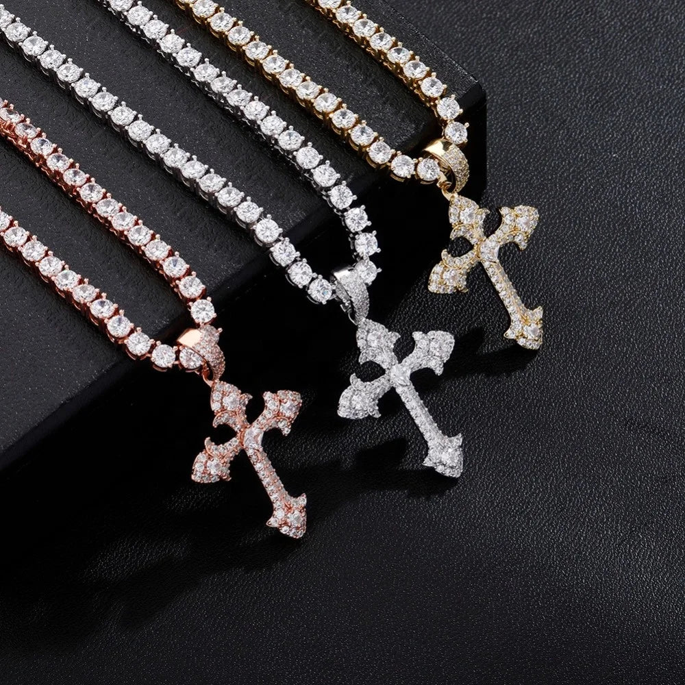 New Personality Crucifix Charm Hip Hop Jewelry Brass Gold Plated Bling Iced Out Cubic Zircon Cross Pendant Necklace Tennis Chain