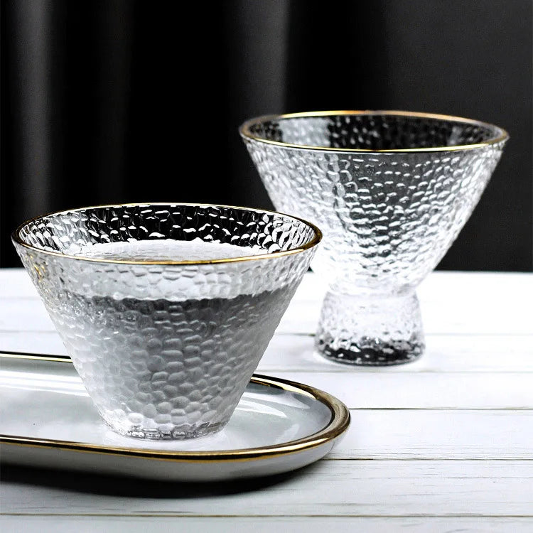 Wholesale Japan Style Transparent Hammer Grain Milk Cream Cup Gold Rim Salad Dessert Glass Cup