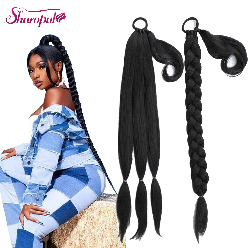 Wholesale Long Black Color Yaki Straight Braided Ponytail Extension Hair Tie Natural High Temperature Fiber Single Weft Wrap