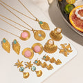 J&D New Trendy 18K Gold PVD Plating Ocean Summer Beach Pink Jade Shell Starfish Conch Best Earrings and Necklace Set