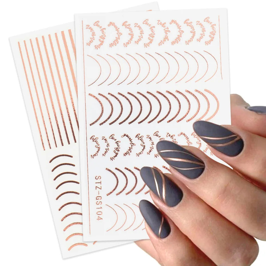 Rose Gold Striping Tape Nail Design Stripe Lines Geometry 3D Slider for Nails Gel Polish Sticker Decals