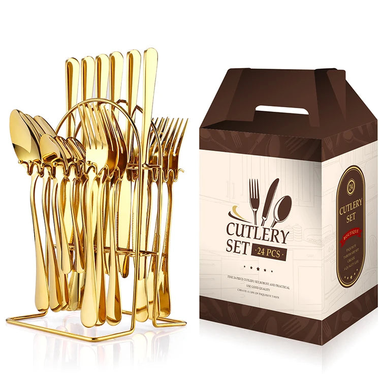 Hot Sale Gold Flatware SetMirror Polishing Smooth Edge Tableware Sets With Exquisite Gift Box for Home Wedding Festival Party