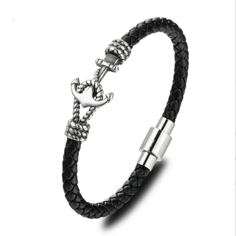 Vintage Men's Jewelry Bangle Anchor Genuine  Cuff Leather Bracelet Stainless Steel Magnetic Clasp Jewelry Bracelet for Men