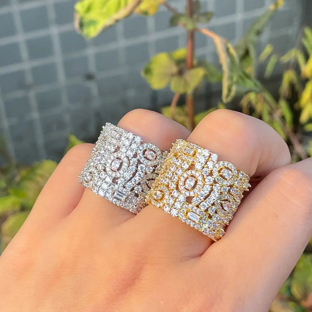 Spark Cubic Zircon 18k White Gold Plated Big Wide Open Cuff Adjustable Engagement Party Ring for Wedding Women Jewelry Accessory