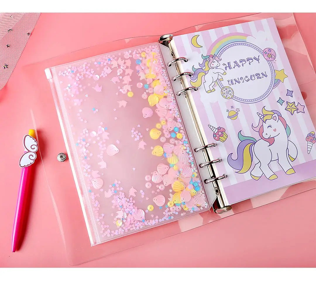 A6 Glitter Sequins PVC Loose Leaf File Bag With Zipper Document File Folder Bag Clear Plastic Envelope Planner Pink Zipper Pouch