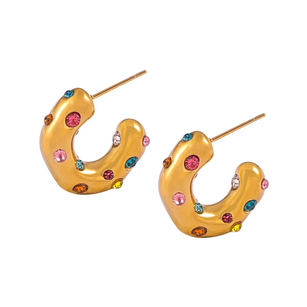 Joolim Jewelry Chunky Colorful Zircon Imitation Pearl Stainless Steel C Hoop Earring Trendy Gold Plated Waterproof Jewelry