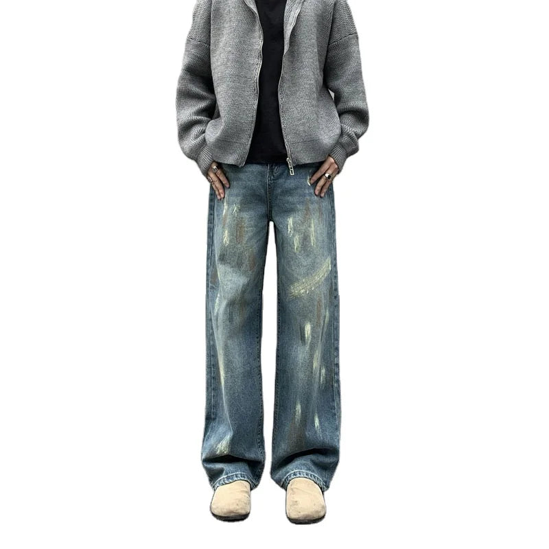 Luxury Brand Streetwear Men Paint Graffiti Fashion Nelt Flare Denim Jeans Men Y2K Straight Fit Wide Leg Jeans  Designer Jeans
