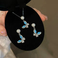 Spring Summer Bright Turquoise Butterfly Pearl Party Romantic 6mm Natural White Freshwater Bread Pearl Pendant Necklace Earrings