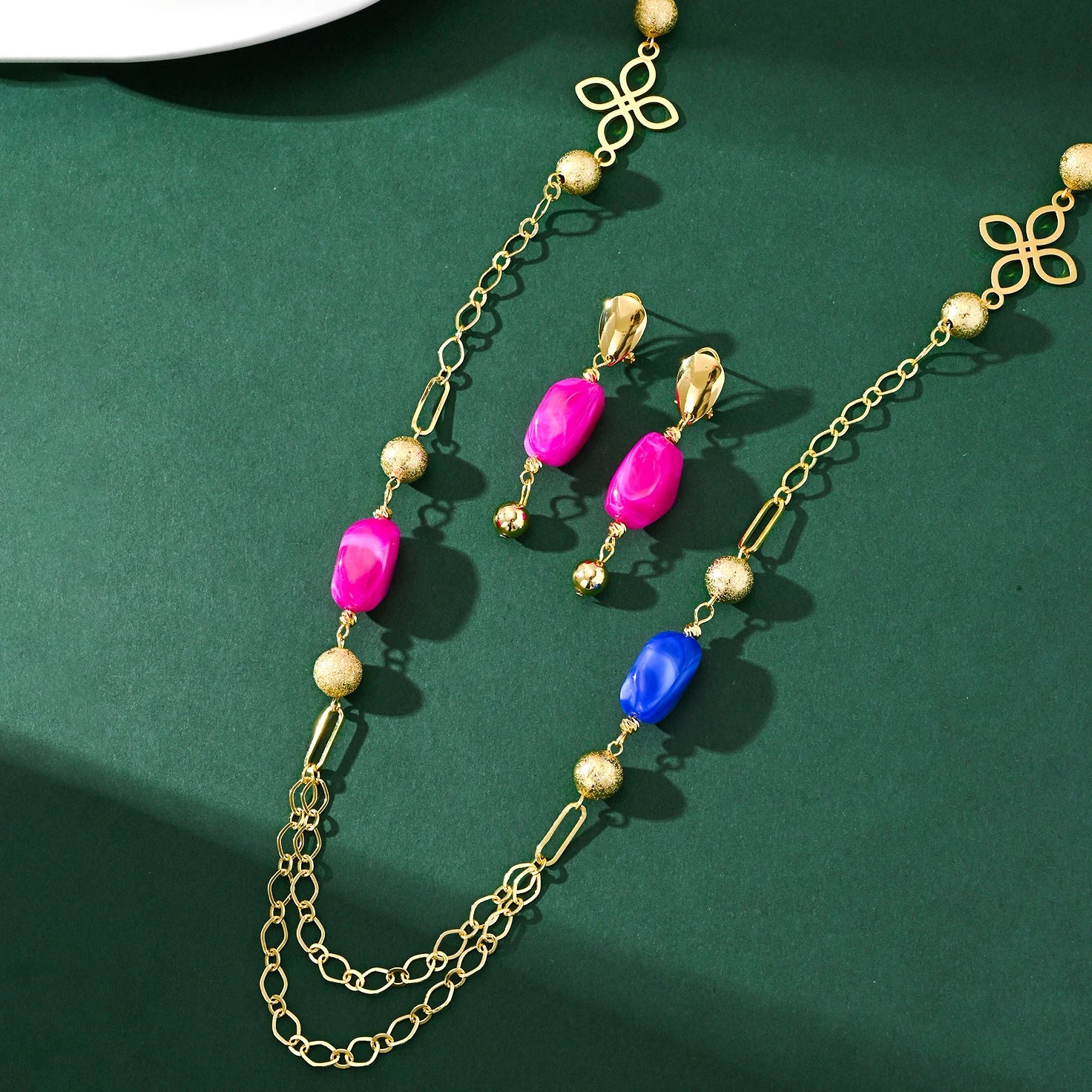 Women's Fashion Jewelry Sets Long Chain Geometric Irregular Colored Ceramic Beads Golden Beaded Necklace Earrings Several Styles