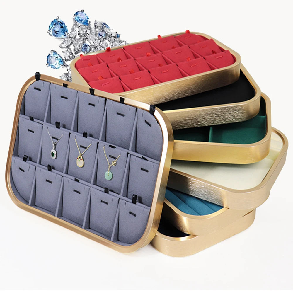 Luxury Jewelry Necklace Bracelet Rings Bangles Retail Shop Store Cabinet Gold Metal Velvet Display & Packing case Set showcase