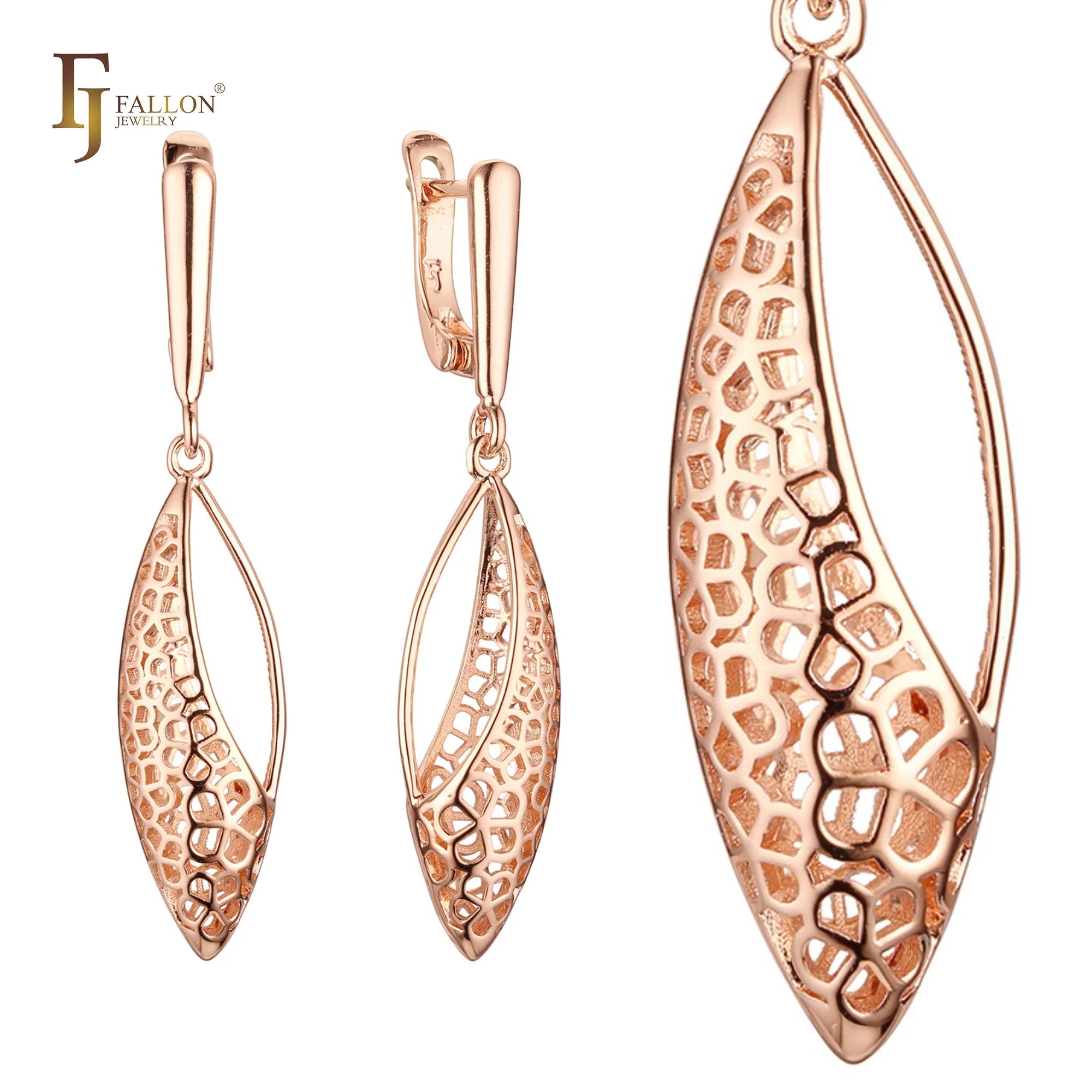FJ Fallon Fashion Jewelry Half Filigree Leaves Clip-On Earrings Plated in 585 Rose Gold Brass Based