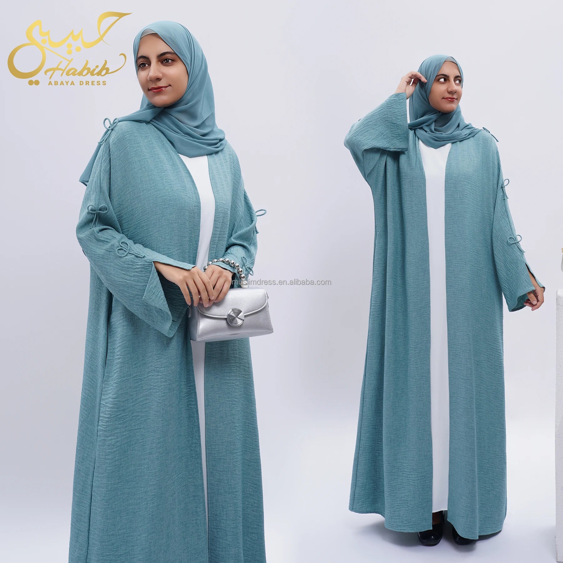 2026 Habib Deep Green Polyester Adult Abaya Set Breathable Open Abaya With Hijab and Bow Decoration Wholesale Dress