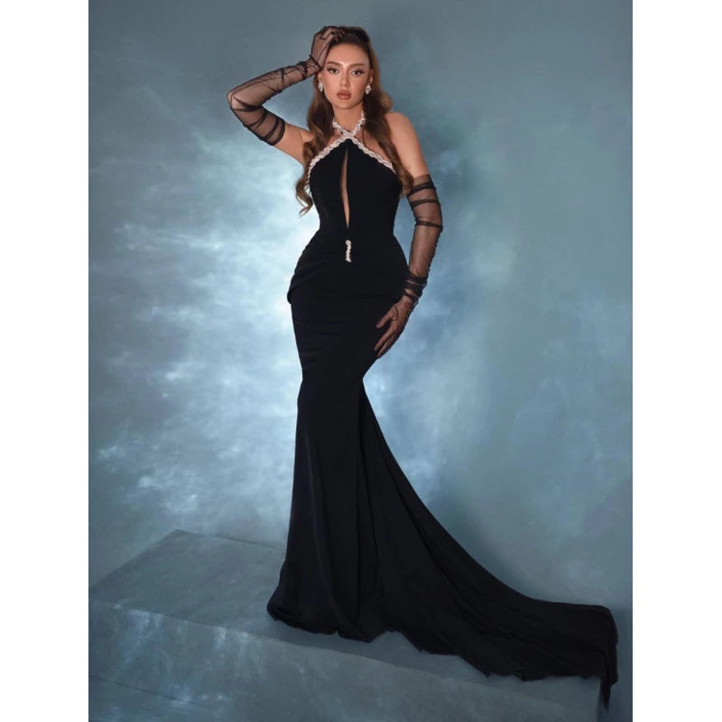 A9729 European and American Styles Velvet Women Maxi Prom Dress Black Cutout Beaded Ladies Evening Dress