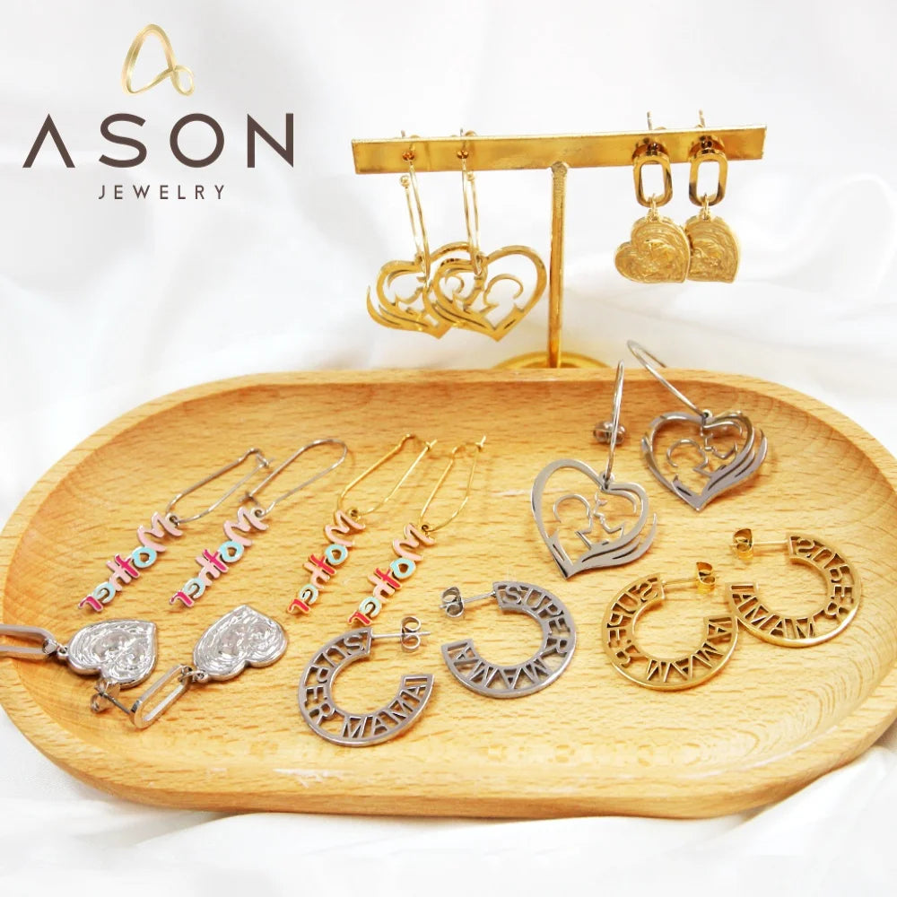 Ason 2023 Fashion Mother's Day Gift Stainless Steel Mama Earrings Jewelry Hollow Letter Mother Love Earrings