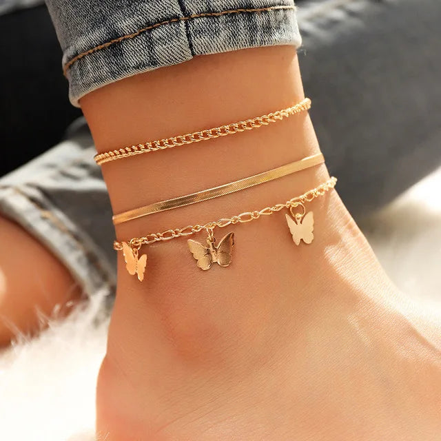 Popular Gold Plated Snake Link Chain Ankle Bracelet Feet Jewelry 3Pcs Set Butterfly Pendant Anklet