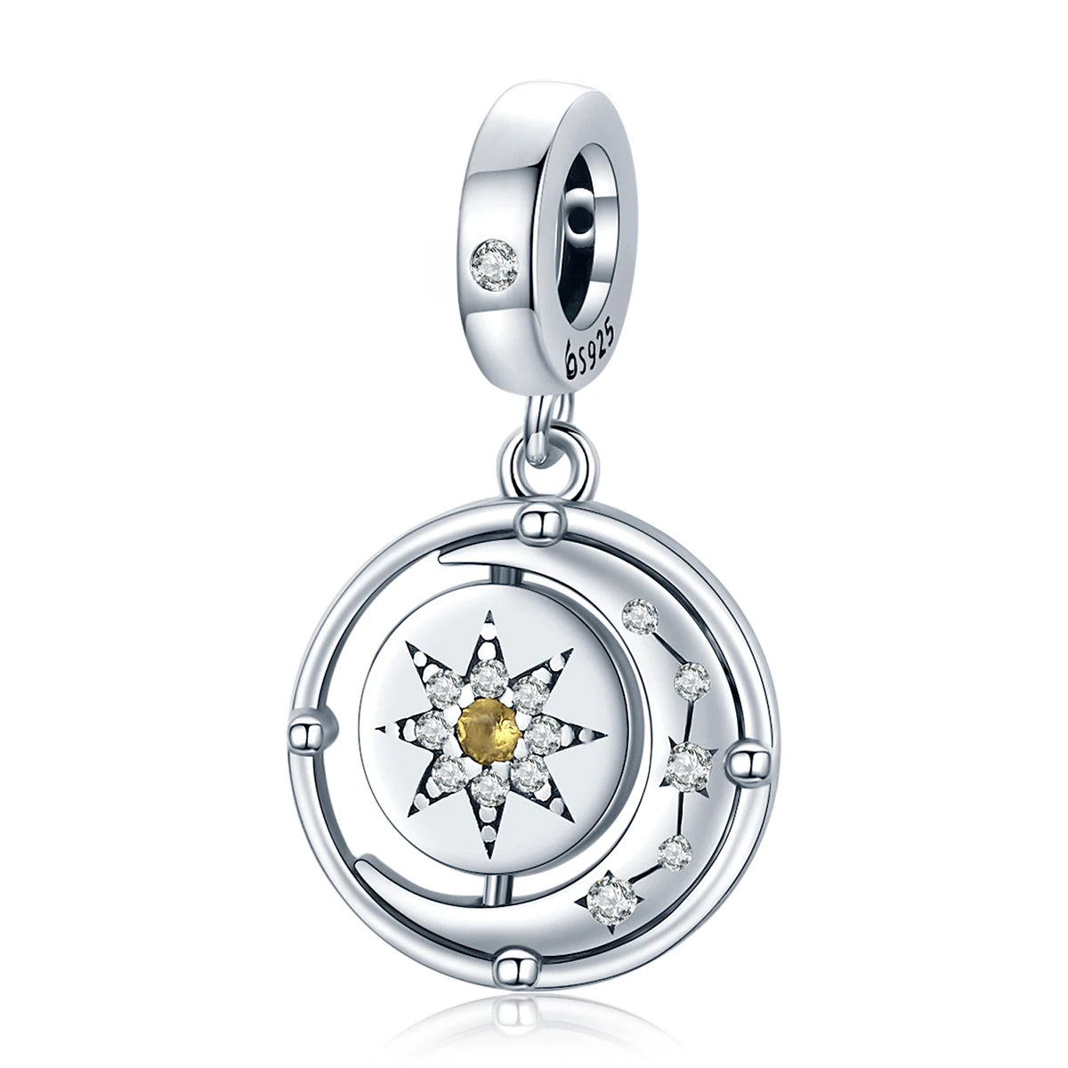 925 Sterling Silver Shining Moon Star Charm Pendant Yellow Zircon Gold Flexible Charm for Women's Original Bracelet DIY BSC477