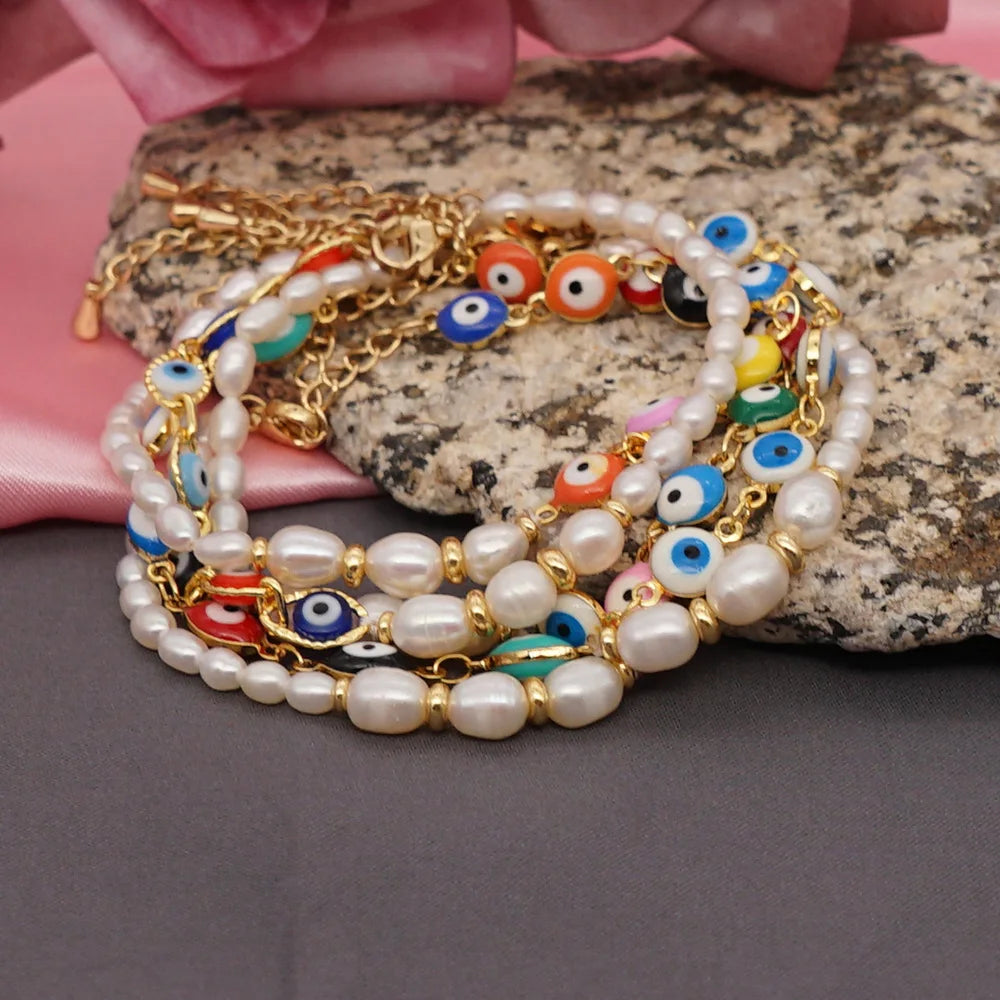 Bohemian New Design Freshwater Pearl Bracelet Customized Handmade Stainless Steel Evil Eye Bracelet for Women