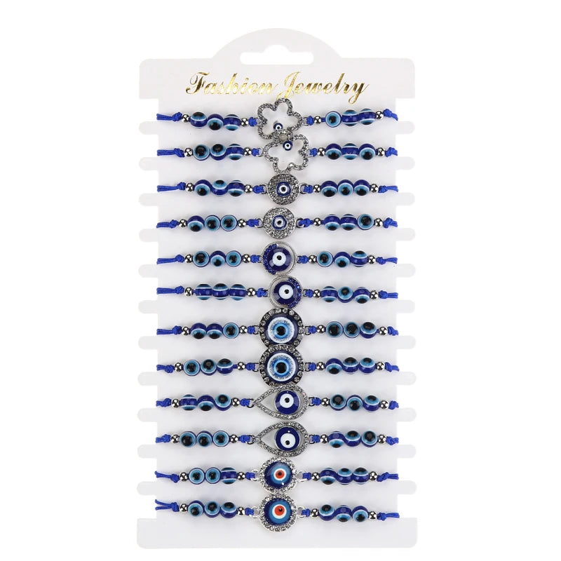 12Pcs Pulsera Retro Geometric Sapphire Blue Beaded Thread Girl Religious Lucky Charm Eyes Women Bead Bracelet Sets