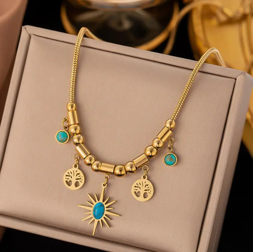 Fashion Jewelry European and American Senior Sense 18K Gold Plated Roman Pine Pendant Stainless Steel Collar Female Non-fading