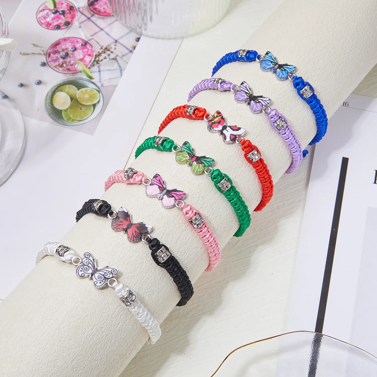 Hot Sale Adjustable Colored Butterfly Rope Bracelet for Girls Crystal Charm Butterfly Friendship Bracelet