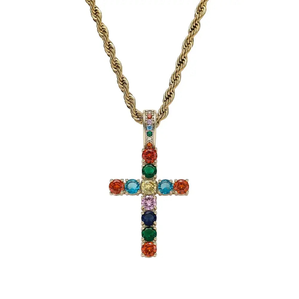 CN185 Colorful Zircon Hip Hop Anha Cross Pendant Copper Setting CZ Stones Necklace Jewelry for Men and Women