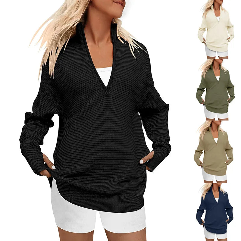 2023 Autumns Casual Women's V Neck 1/4 Zip Pullover Long Sleeve Stand Collared Ribbed Knitted Solid Sweater