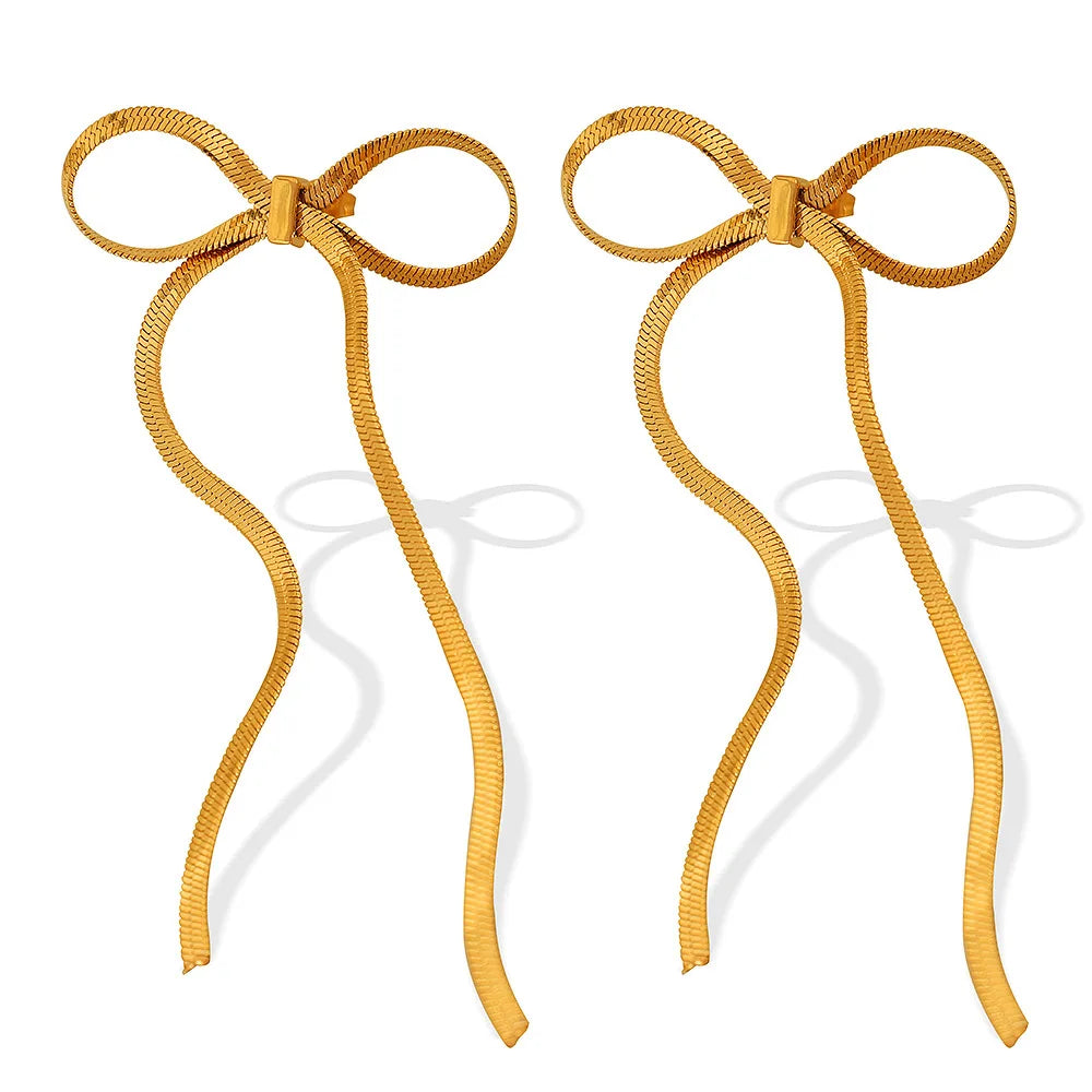 Cross Border Fashion Long Fringe Bow Earrings Titanium Steel Gold Plated Snake Chain Dangle Earrings