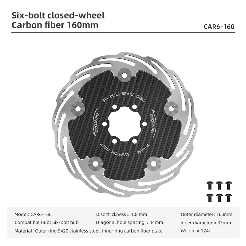 CYCLAMI 6-Bolt Carbon Fiber Brake Rotor 160mm 180mm - CNC Milled Lightweight for Road/MTB Bike