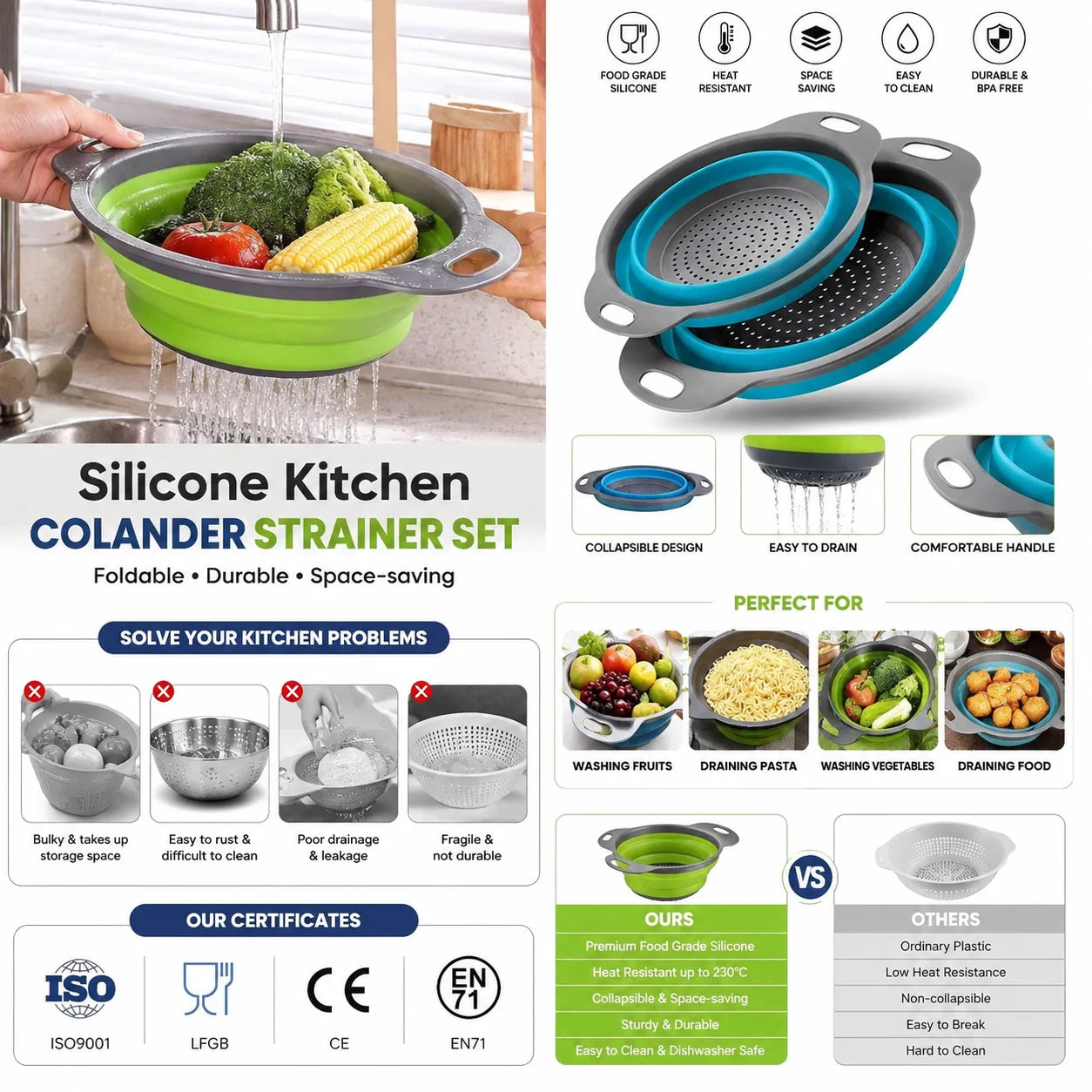 Custom Logo Easy Clean Silicone Colander Strainer Set OEM ODM Reusable Kitchen Drain Basket with Private Label Packaging