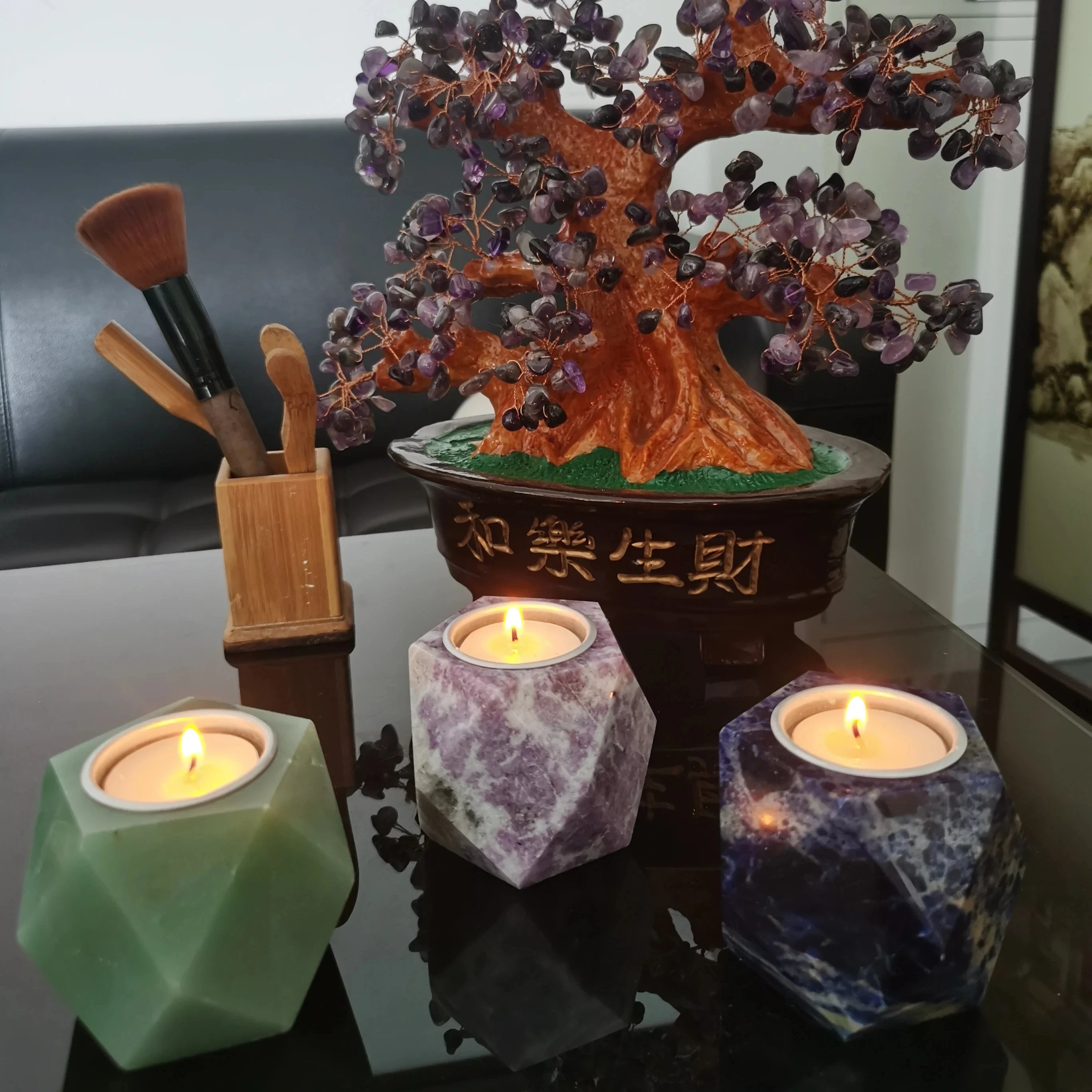 Natural Luxury Green Jade Rose Quartz Crystal Column Tea Light Candle Holders
