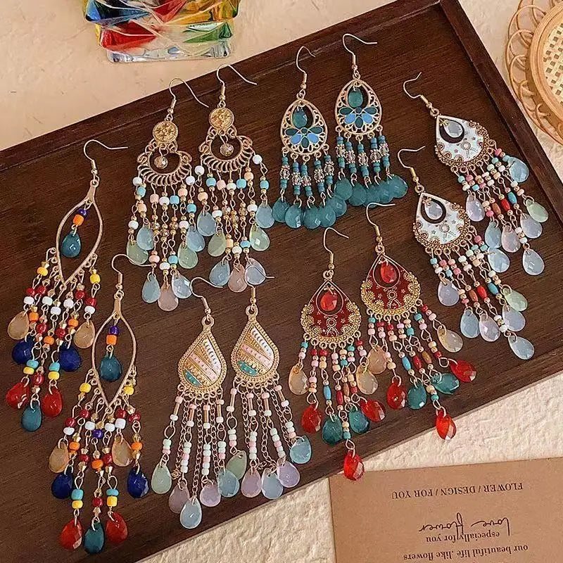 Fashion Bohemian Long Earrings for Women Fan-shaped Seed Bead Earrings