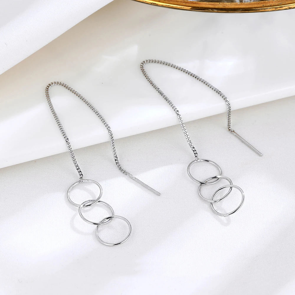 Simple geometric circle ear line 925 sterling silver long tassel earrings