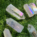 Wholesale Natural Crystal  Wand Han Hand Engraving Aura Electroplated Clear Quartz Point Tower