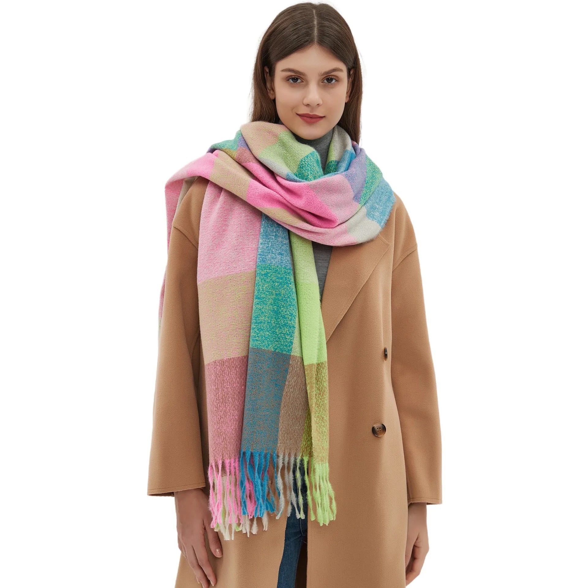 BESTELLA New Plaid Polyester Scarf With Tassels Thickened Rainbow Shawl for Adults for Autumn Winter Direct Manufacturer