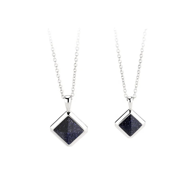 Geometric Blue Sand Stone Necklace for Couples 925 Sterling Silver Cross O Link Cable Chain Pendant Couple Necklace