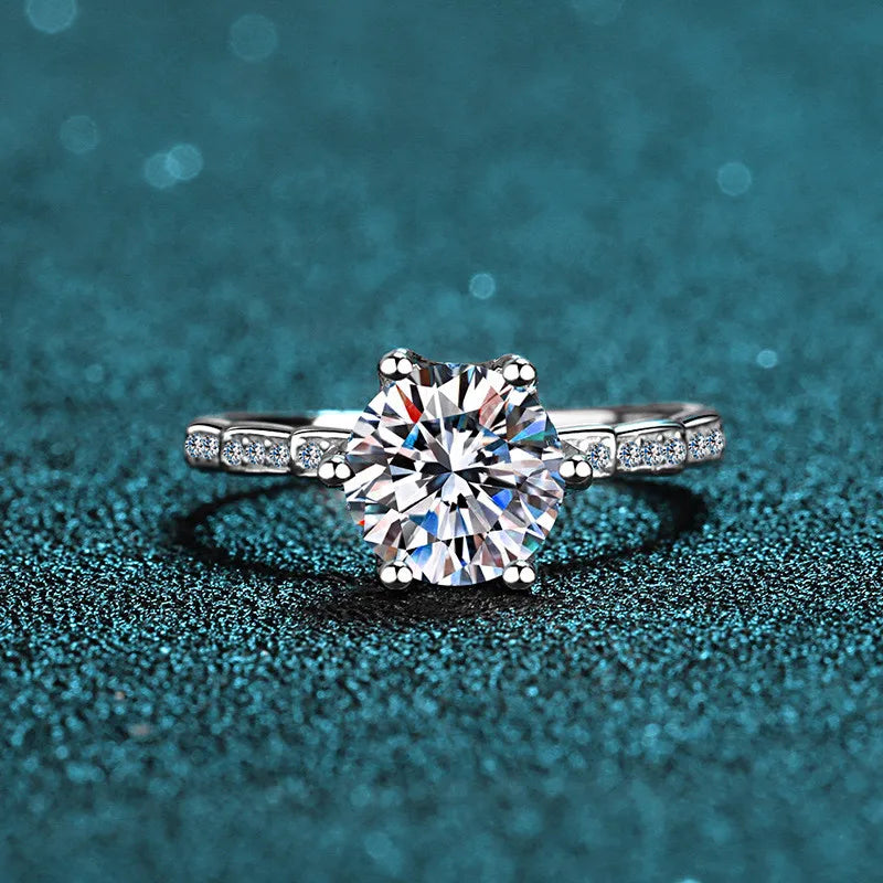 Silver 925 Original 1-2 Carat Round Brilliant Cut Diamond Test Past D Color Moissanite Wedding Ring Sparkling Gemstone Jewelry