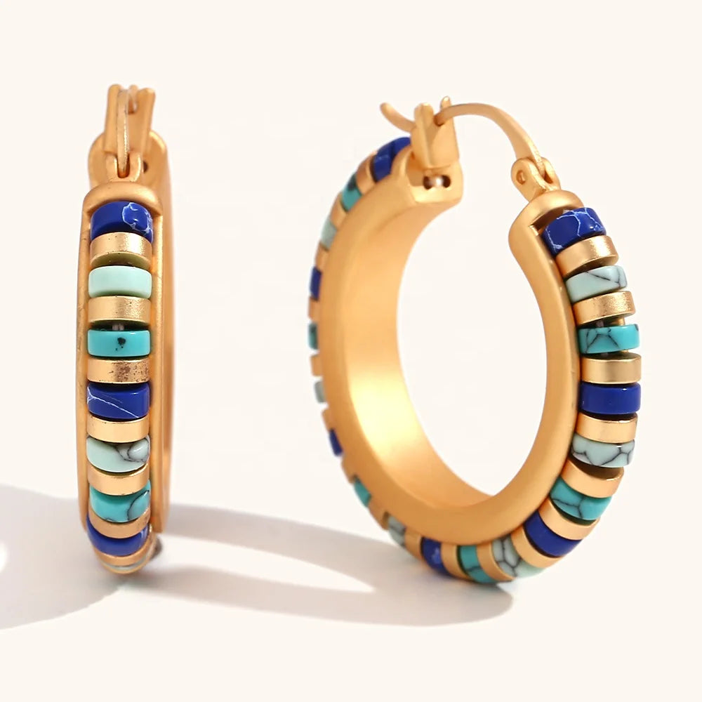 Dingran 2025 Latest Design Natural Stone Bead Hoop Earrings Waterproof Stainless Steel Gold Plated Jewelry