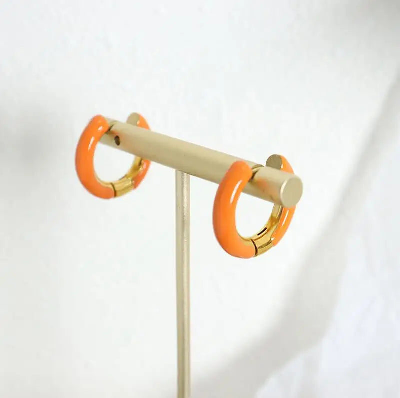 Minimalist Multicolor Stainless Steel Huggie Hoops Gold Plated Enamel Geometric Pattern Waterproof for Gift