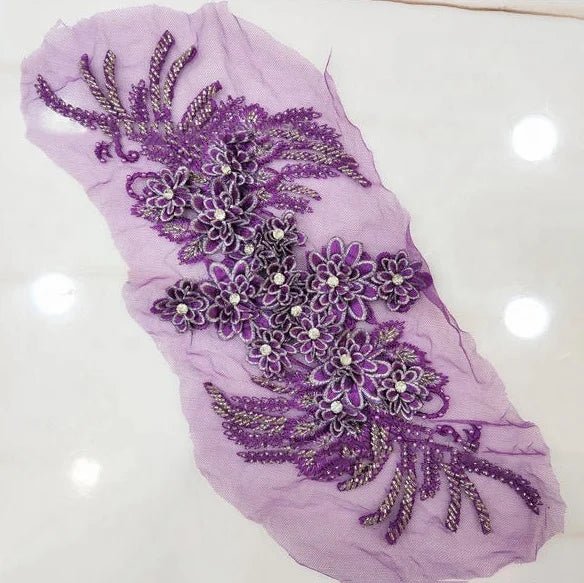 Heavy Beaded Embroidery 3d Flower Rhinestone Lace Applique Fabric LT2575A