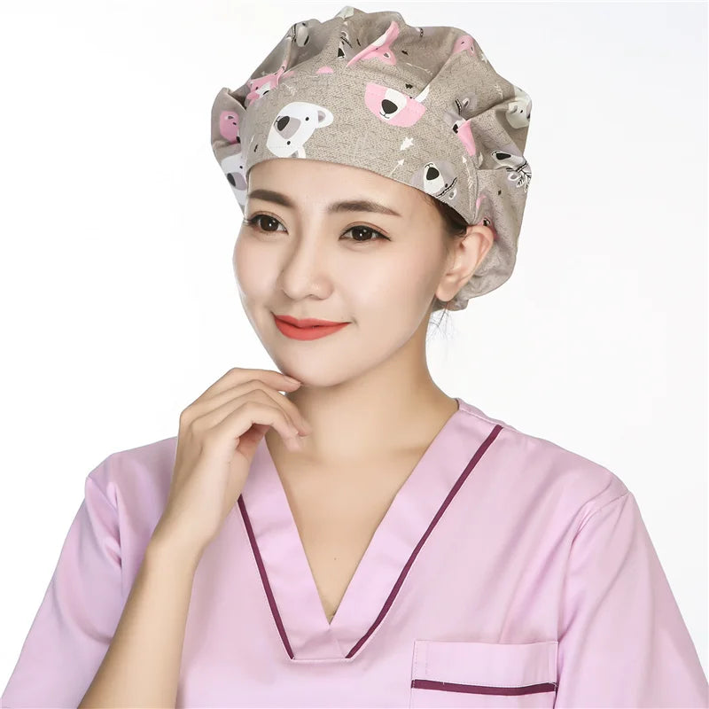 Unisex Beauty Salon Nursing Hat for Sale 100% Cotton Hospital Uniform Hat Adjustable Multicolor Cartoon Printing Nurse Hats