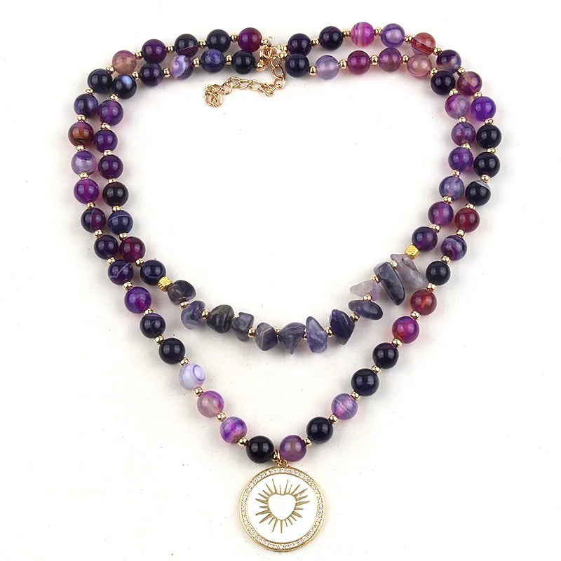 New Jewelry 2 Layer 8mm Striped Stone Gravel Necklace Alloy Zircon Sun Heart Pendant Choker Necklace