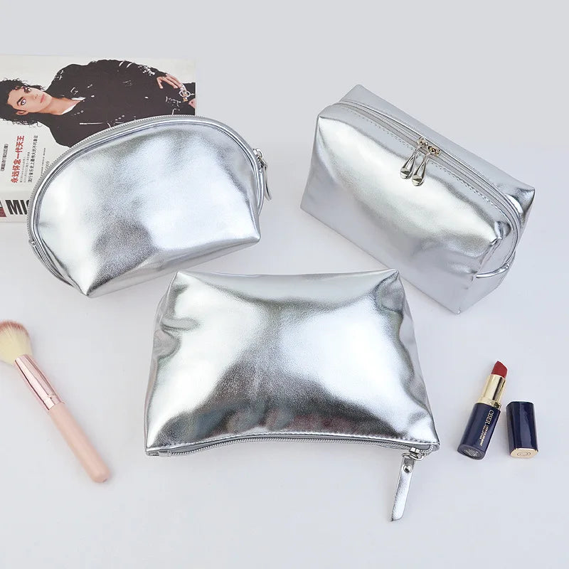 Large Capacity PU Cosmetic Bag Set Travel Toiletry Storage Silver Glitter Cute Makeup Pouch for Purse Portable Organizer