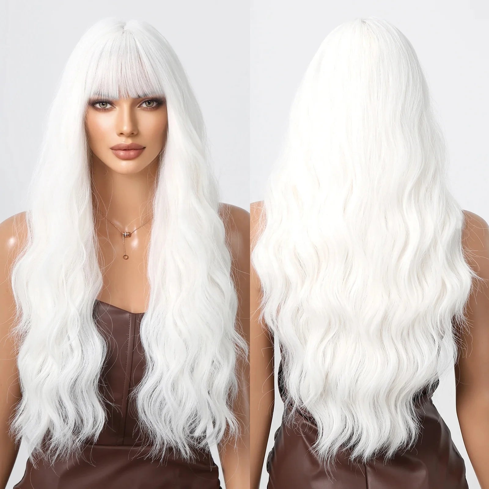 MOQ1 White Wigs with Bangs Long White Wavy Wig Synthetic Hair Heat Resistant Fiber for Women White Color Cosplay Party Wig