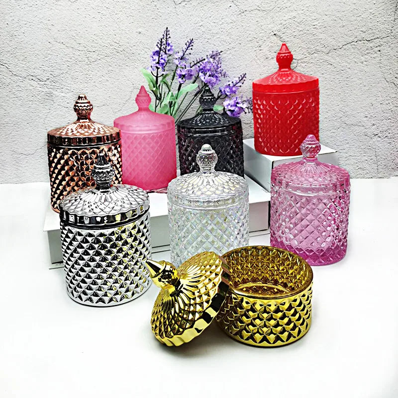 Wholesale 10 oz 300ml  Luxury Geo Glass Candle Holder with Lid 550ml Rose Gold Empty Jars for Candle Making