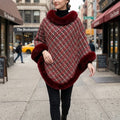 Factory High Quality Winter Women Wrap Coats Houndstooth Jacquard Faux Fur Collar Cape Poncho Shawl