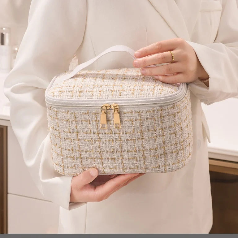 Travel Striped Makeup Bag Large Cosmetic Case Organizer Fits Bottles Vertically Top Layer Cosmetic Bag