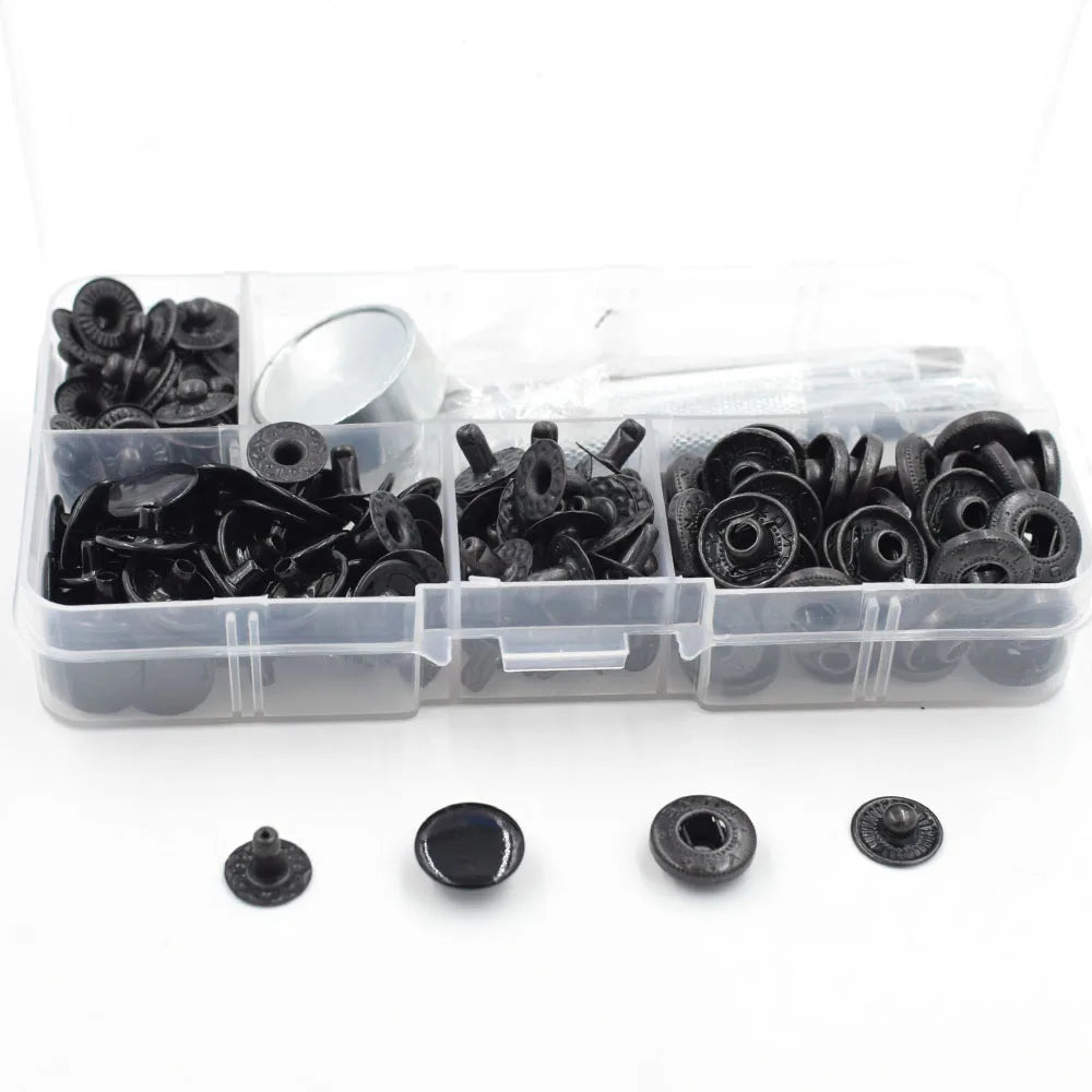 (50 Sets + Tools) 12.5 mm Snap-fastener Buttons Spring Clasp Black Leather Rivets Metal Buttons Clothing Snaps Buckle