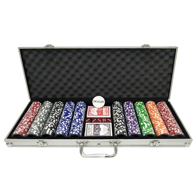 500 Pcs Laser Stickers Clay Poker Chips Set with Silver Aluminum case Include 2 Sets Playing  Cards and 1 White Dealer