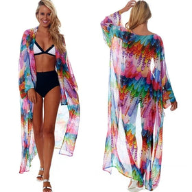 MIO Wholesale Summer Colorful Long Sleeve Cardigan Kimono Chiffon Beach Cover Ups Vacation Sunscreen Swimsuit Beach Dress